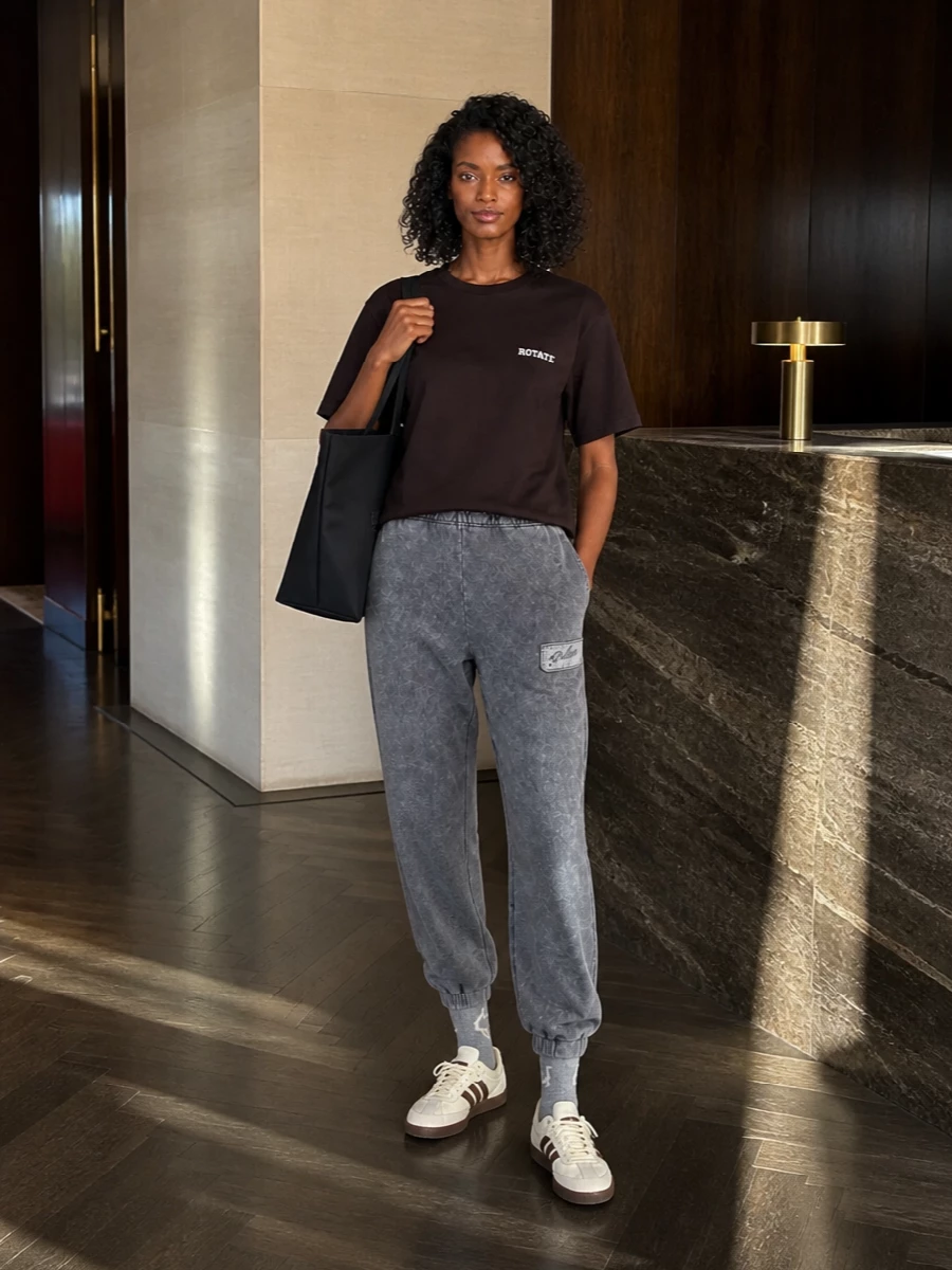 Rotate brown tee joggers adidas sneakers