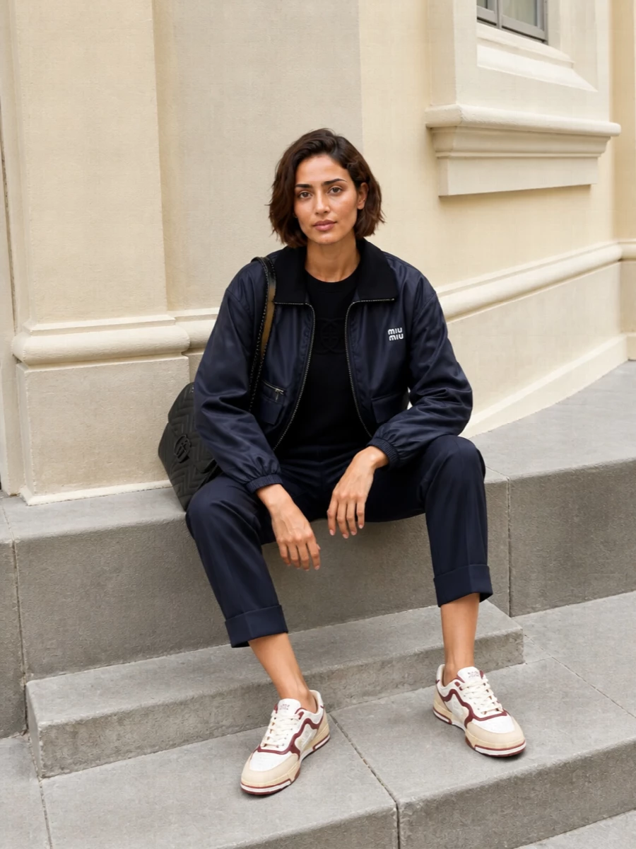 I’m building around the Miu Miu bomber with a top–bottom route rather than a dress so the jacket remains the clear anchor instead of fighting another all-in-one statement layer. A black Gucci sweatshirt and sharply tapered navy trouser keep the lines clean and minimal, giving that boyish, city-ready attitude without feeling sloppy. Cream-and-bordeaux sneakers and a matte black shoulder bag finish it with just enough texture and color to feel considered, still firmly in that polished off-duty space.