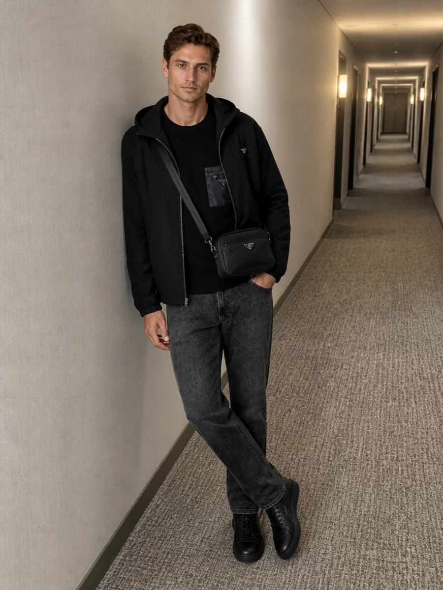 Prada black hooded jacket charcoal jeans outfit