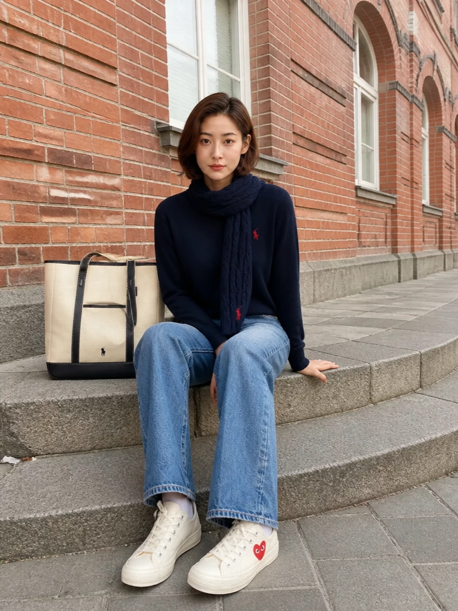 Ralph lauren navy sweater straight jeans outfit