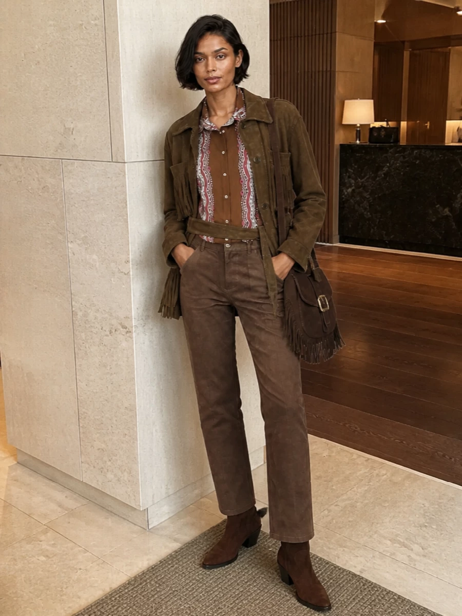 Parosh suede jacket paisley shirt boots outfit