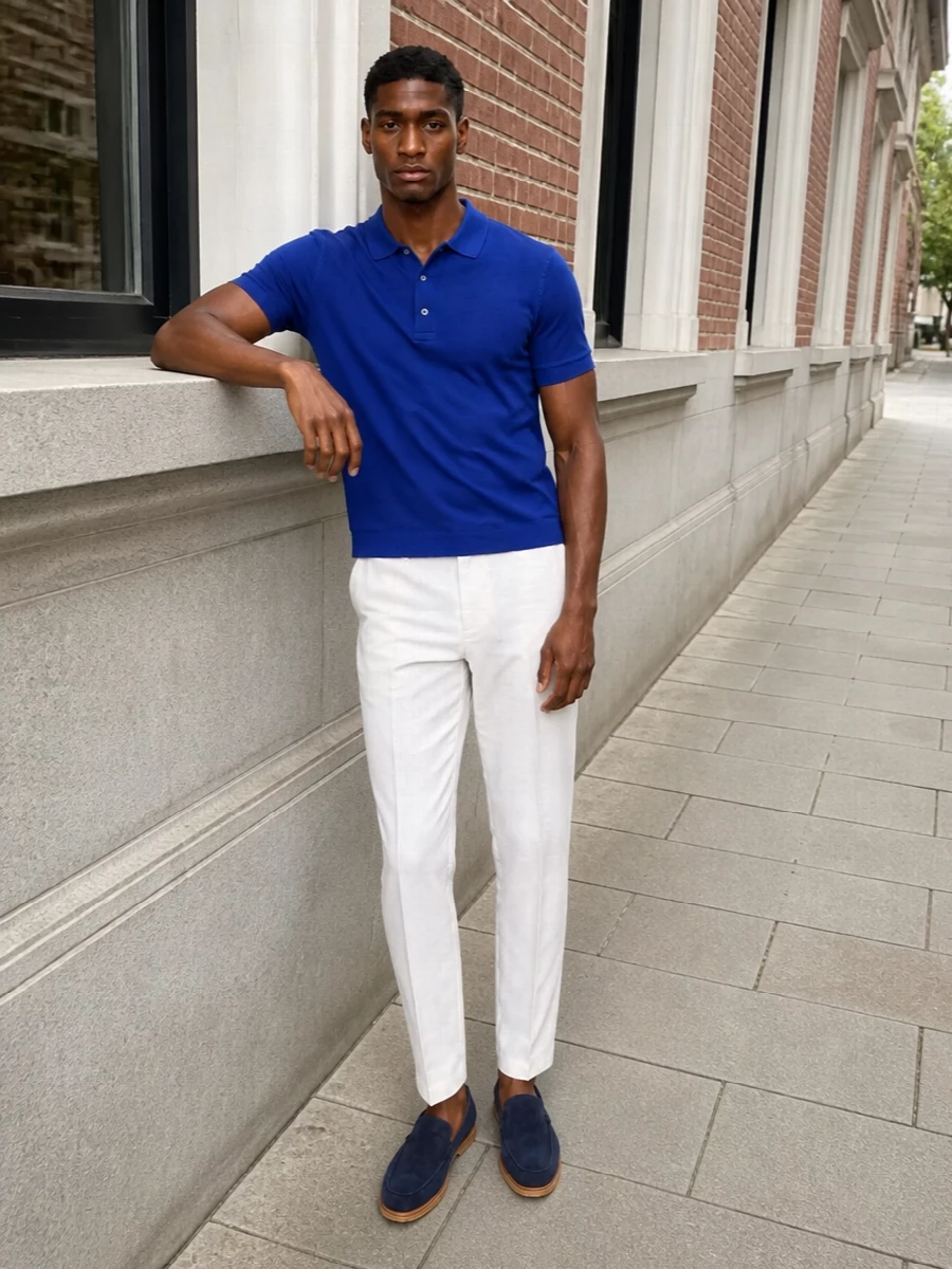 Tom ford cobalt polo off white trousers navy loafers