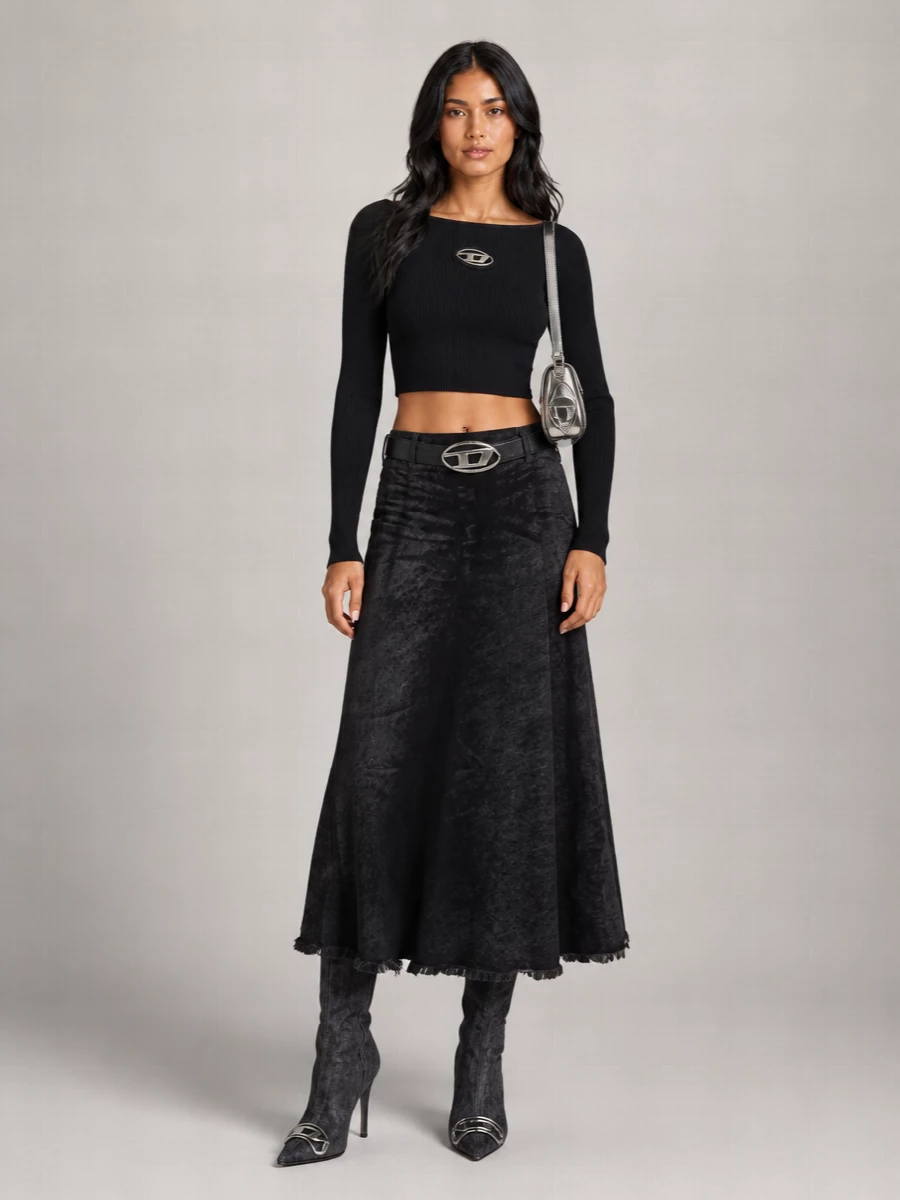 Diesel Denim Frayed-Hem Maxi A-Line Skirt