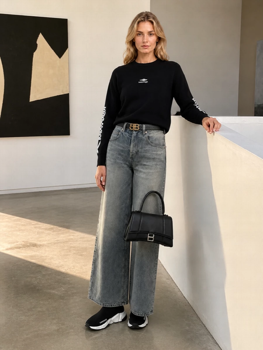 Balenciaga’s black logo knit is grounded with washed grey wide-leg denim for a monochrome, street-led take on quiet luxury. Sock sneakers keep the proportions long and clean, while a structured top-handle bag and slim logo belt introduce just enough polish without diluting the off-duty attitude.