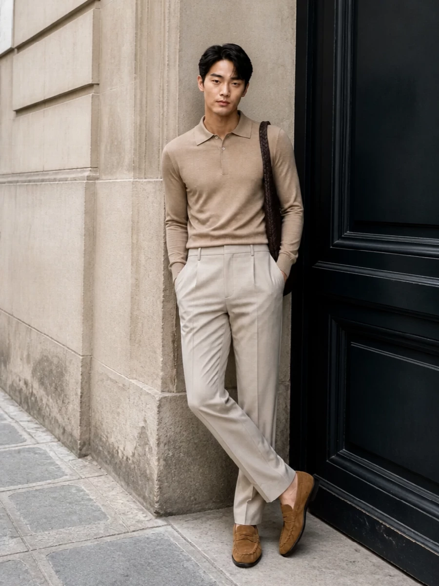 Camel knit polo beige pleated trousers outfit