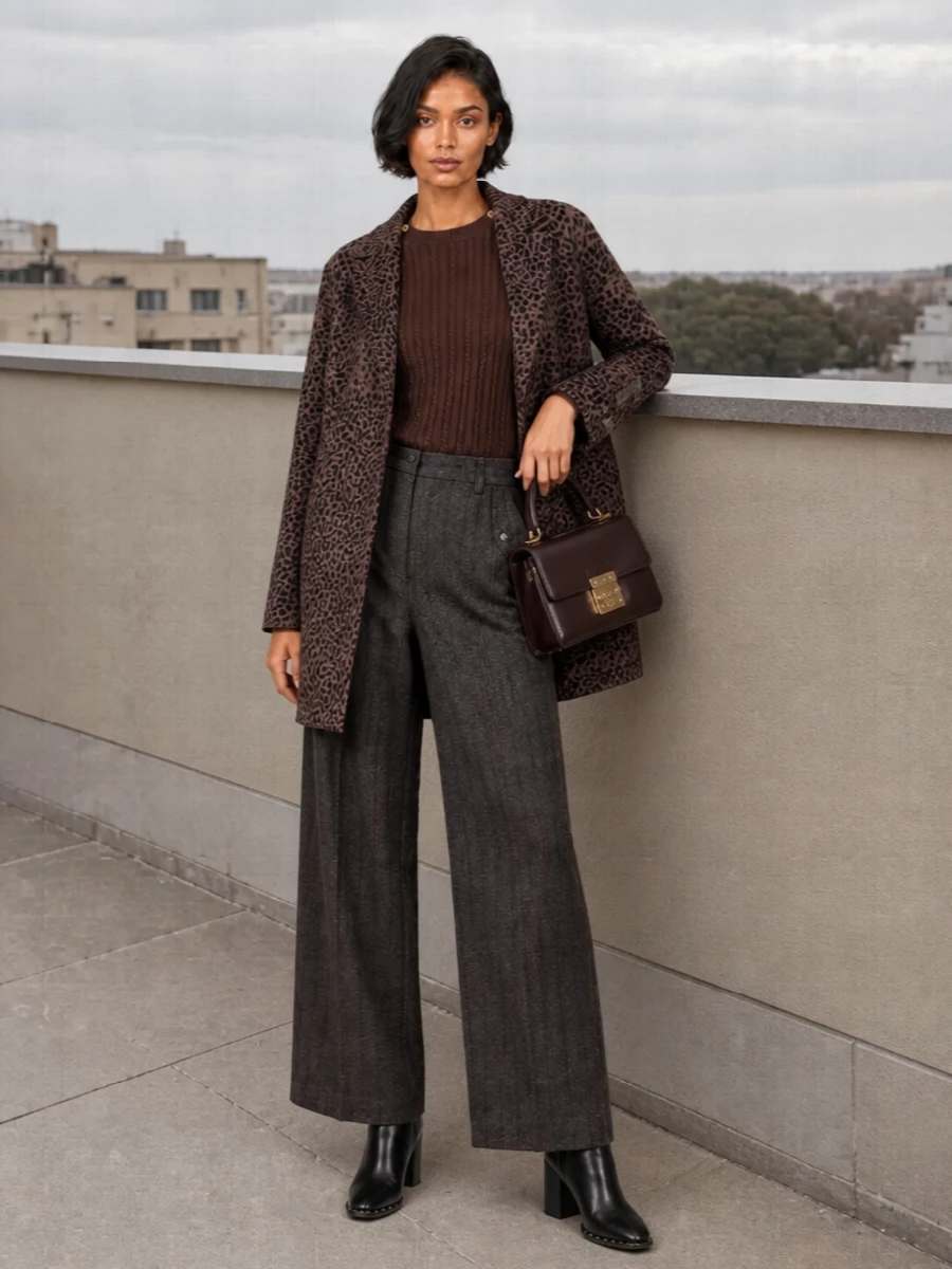 Golden goose leopard coat wide leg trousers outfit