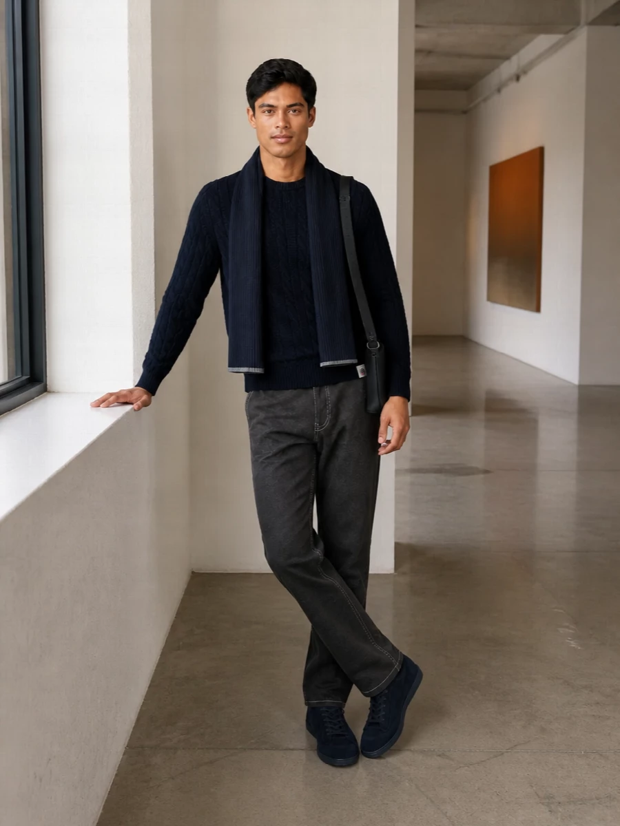 Bally navy sweater brunello trousers sneakers