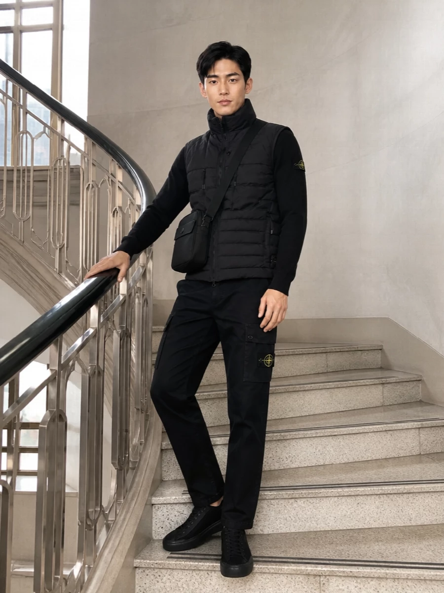 Stone island black gilet cargo outfit