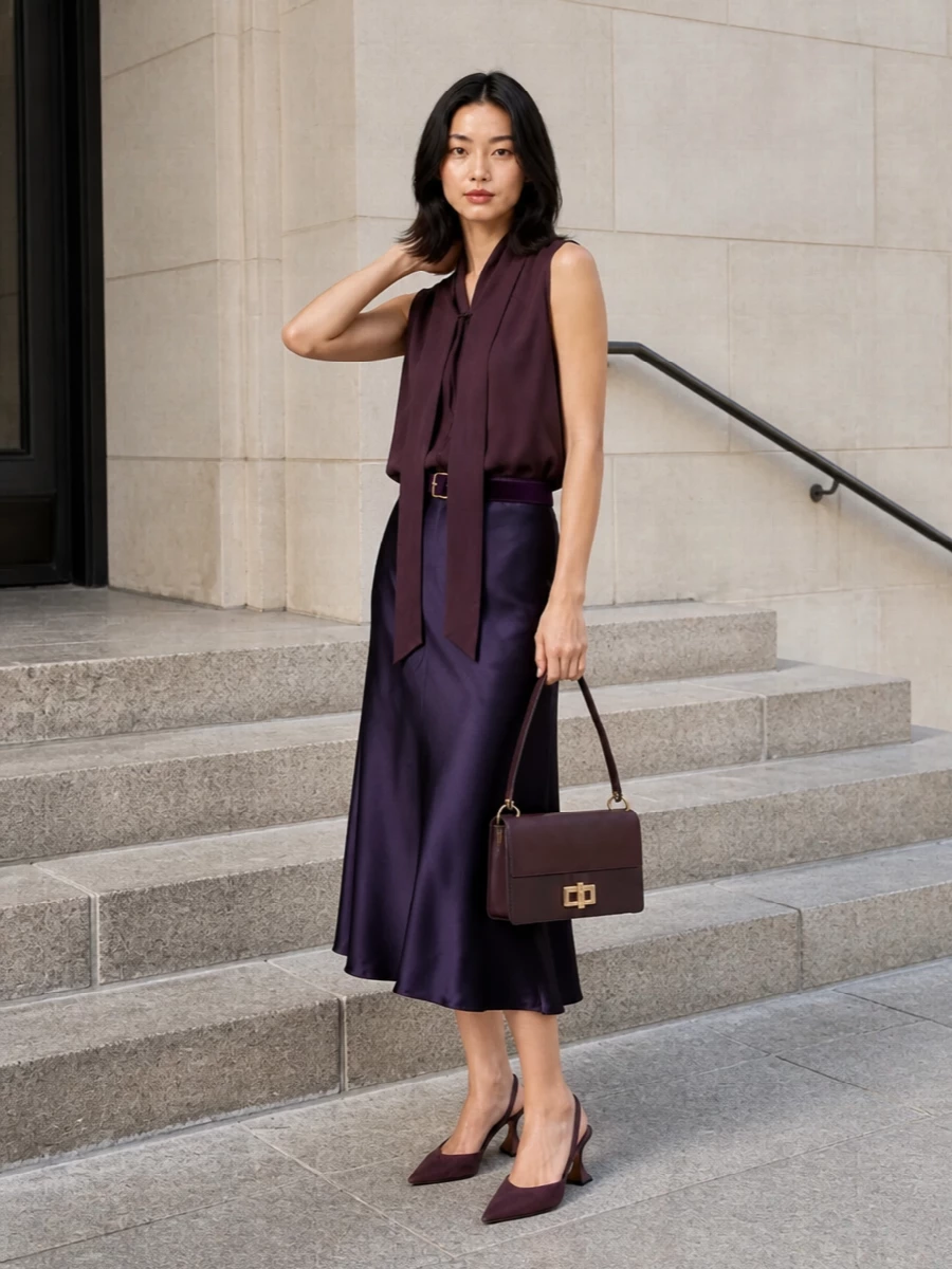 7forallmankind satin midi skirt plum evening outfit
