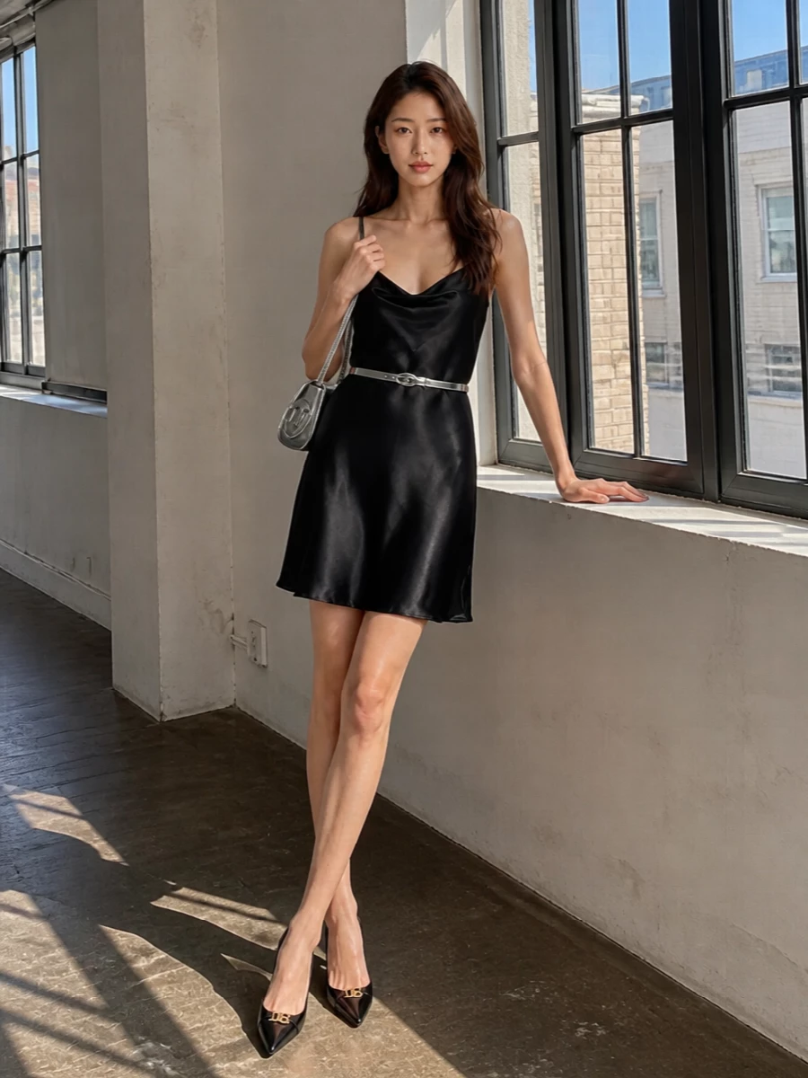 Liquid-black satin, razor-sharp heels and a mirrored shoulder bag keep this night-out set focused, graphic and clean. The silver belt and hardware tie into the dress’s straps so everything feels intentionally lit from the edges. It is made for heatwave midnights when you want minimal effort and maximum impact.
