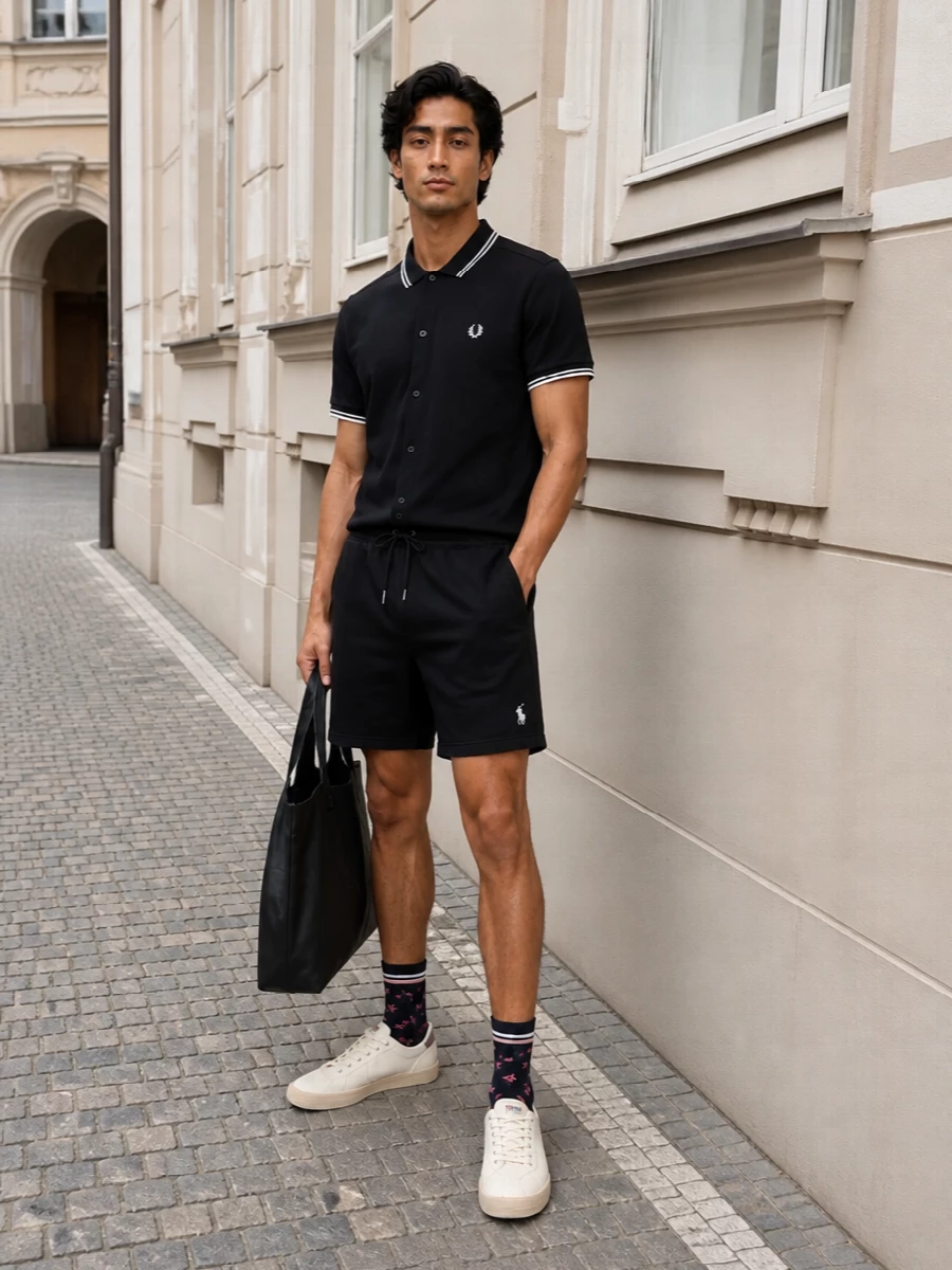 A black button-through Fred Perry polo sits over equally clean black deck shorts for a sharp, terrace-inspired take on warm weather dressing. Off-white canvas sneakers and a black A.P.C. tote keep the palette tight and easy, while a hint of pattern at the sock is the only quiet twist. It reads sporty and minimal, ideal for city days when you want to look considered without feeling dressed up.