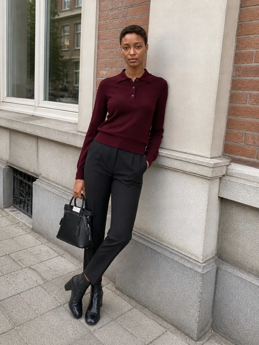 Maison margiela burgundy polo black trousers