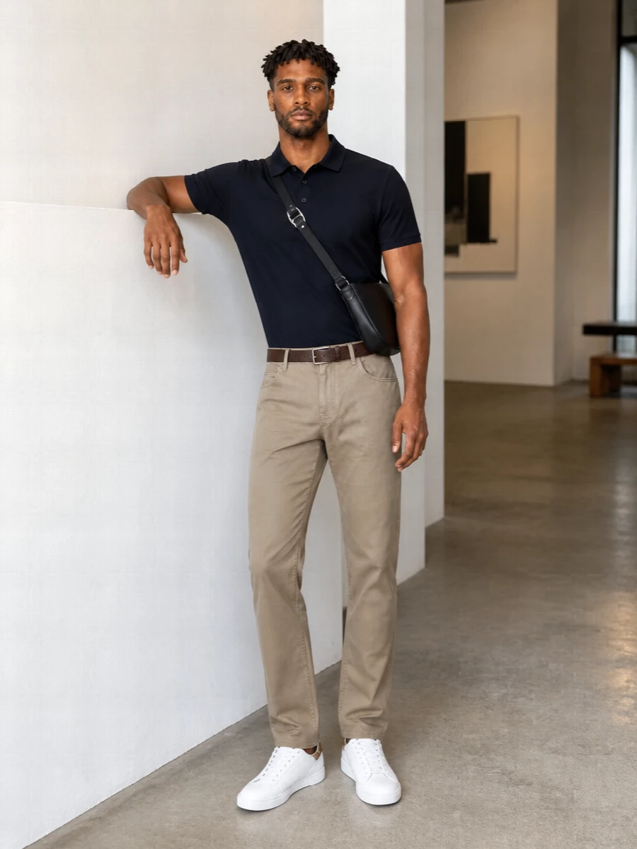 Burberry navy polo taupe chinos white sneakers