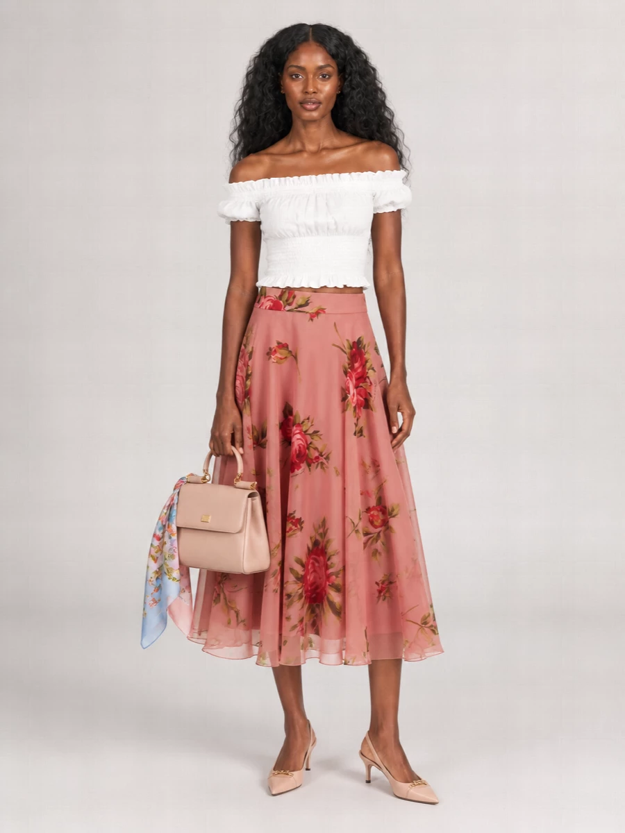 Dolce&Gabbana Silk Bouquet Rose Printed Chiffon Midi A-Line Skirt