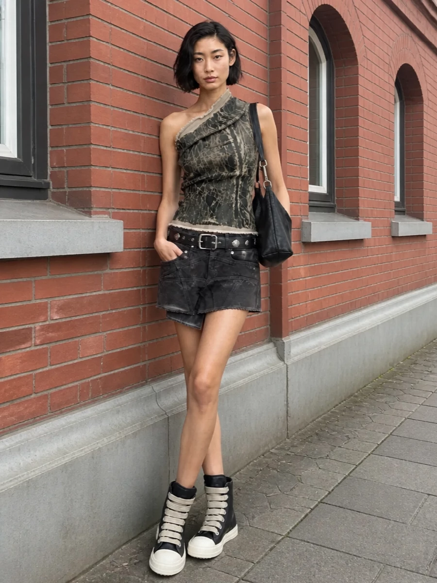 Rick owens drkshdw asymmetric denim short outfit