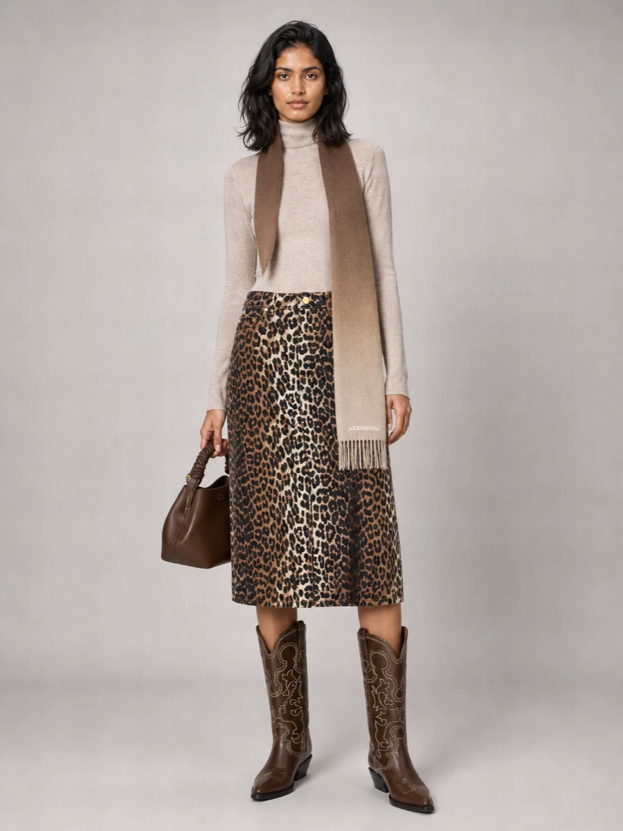 Ganni Denim High-Rise Leopard-Print Midi Straight Skirt