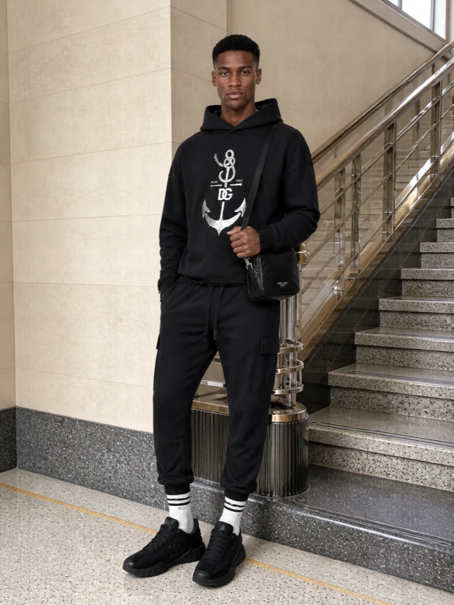 Dolce gabbana black hoodie cargo pants outfit