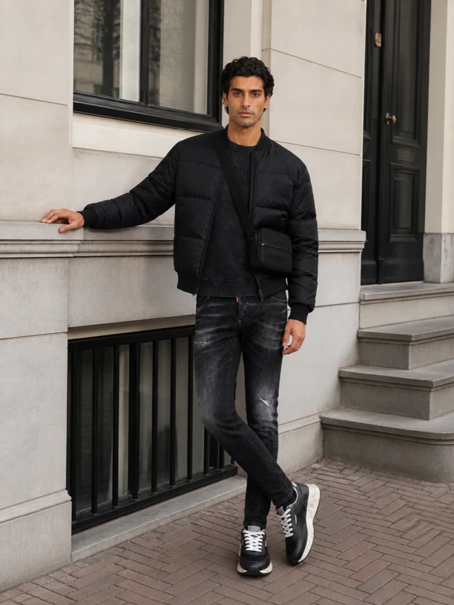 Dsquared2 black puffer skinny jeans outfit