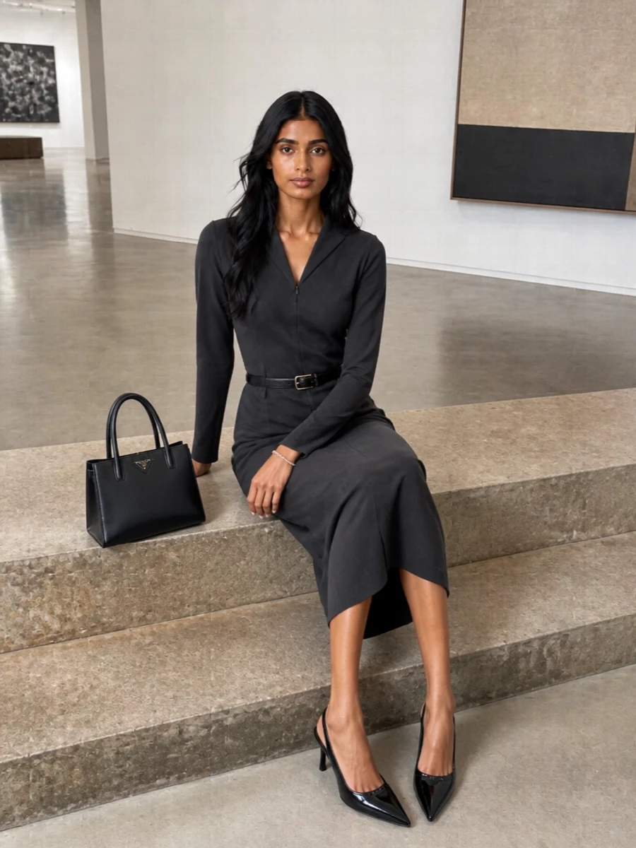 Prada slingbacks charcoal armani midi dress