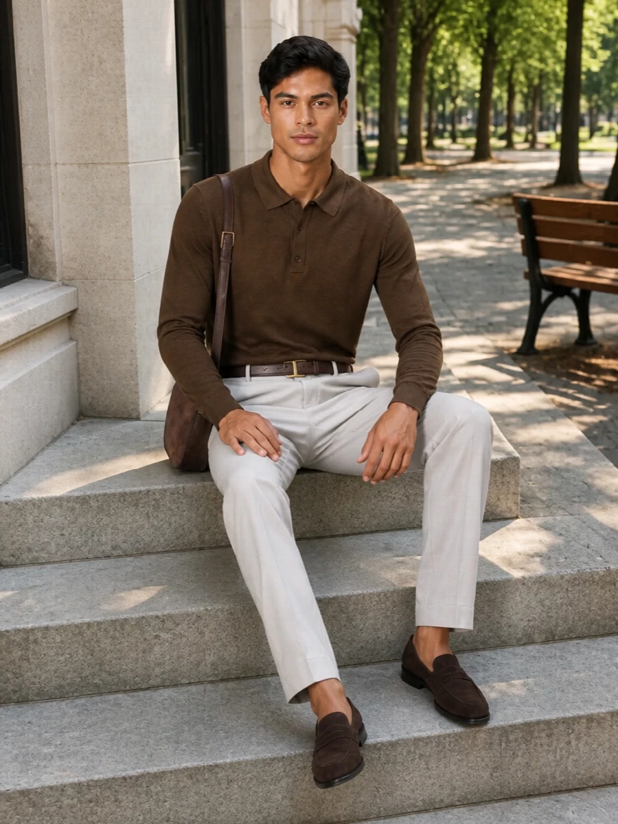 Tom ford brown polo light stone trousers outfit