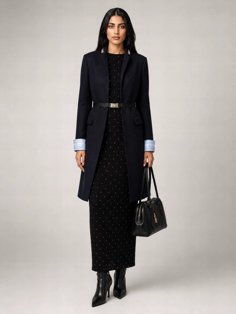 Prada Virgin Wool Crystal Embellished Belted Single Breasted Coat