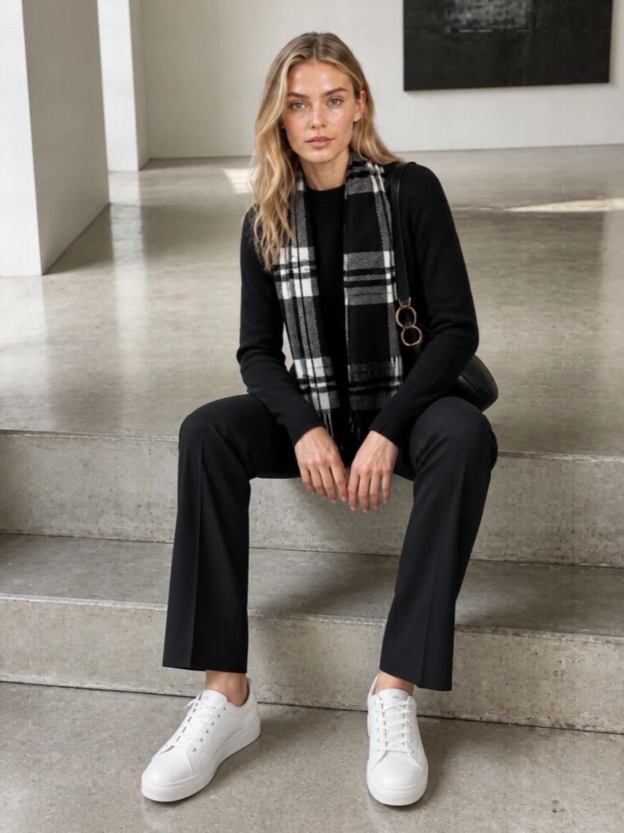 A black Burberry sweatshirt and tailored straight-leg trouser create a low-key monochrome base that feels calm, precise and quietly assured. Clean white sneakers lighten the mood, while a sculpted black shoulder bag and monochrome check scarf add depth through texture rather than logos. The result is relaxed, city-ready polish that moves easily from daytime errands to understated dinners.