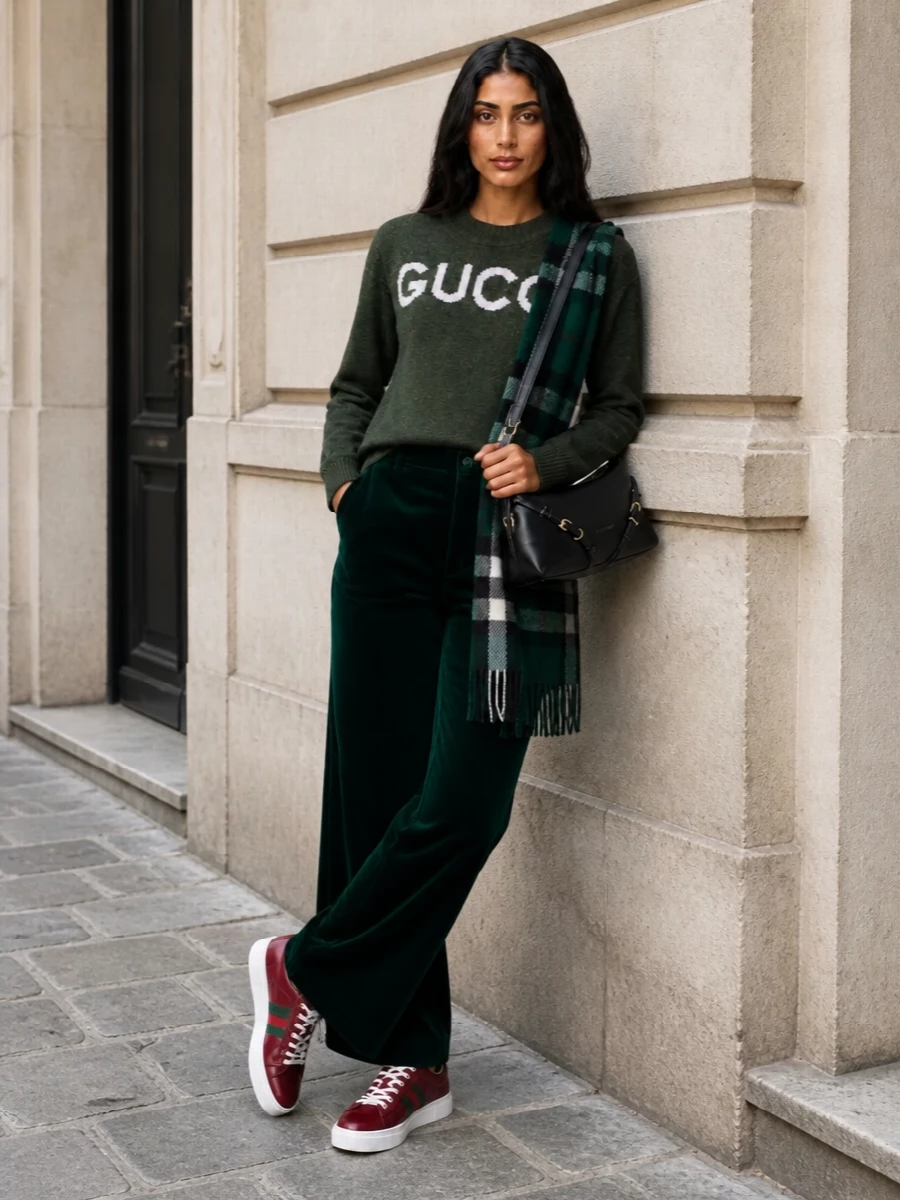 This look leans into a rich, tonal forest-green story, pairing the logo knit with fluid wide-leg trousers for a long, effortlessly polished line. Burgundy web-stripe sneakers keep the mood relaxed and street-aware, while the black curved shoulder bag and checked scarf add quietly luxurious structure and heritage detail. The result is an easy FW city uniform that reads designer without feeling overworked.