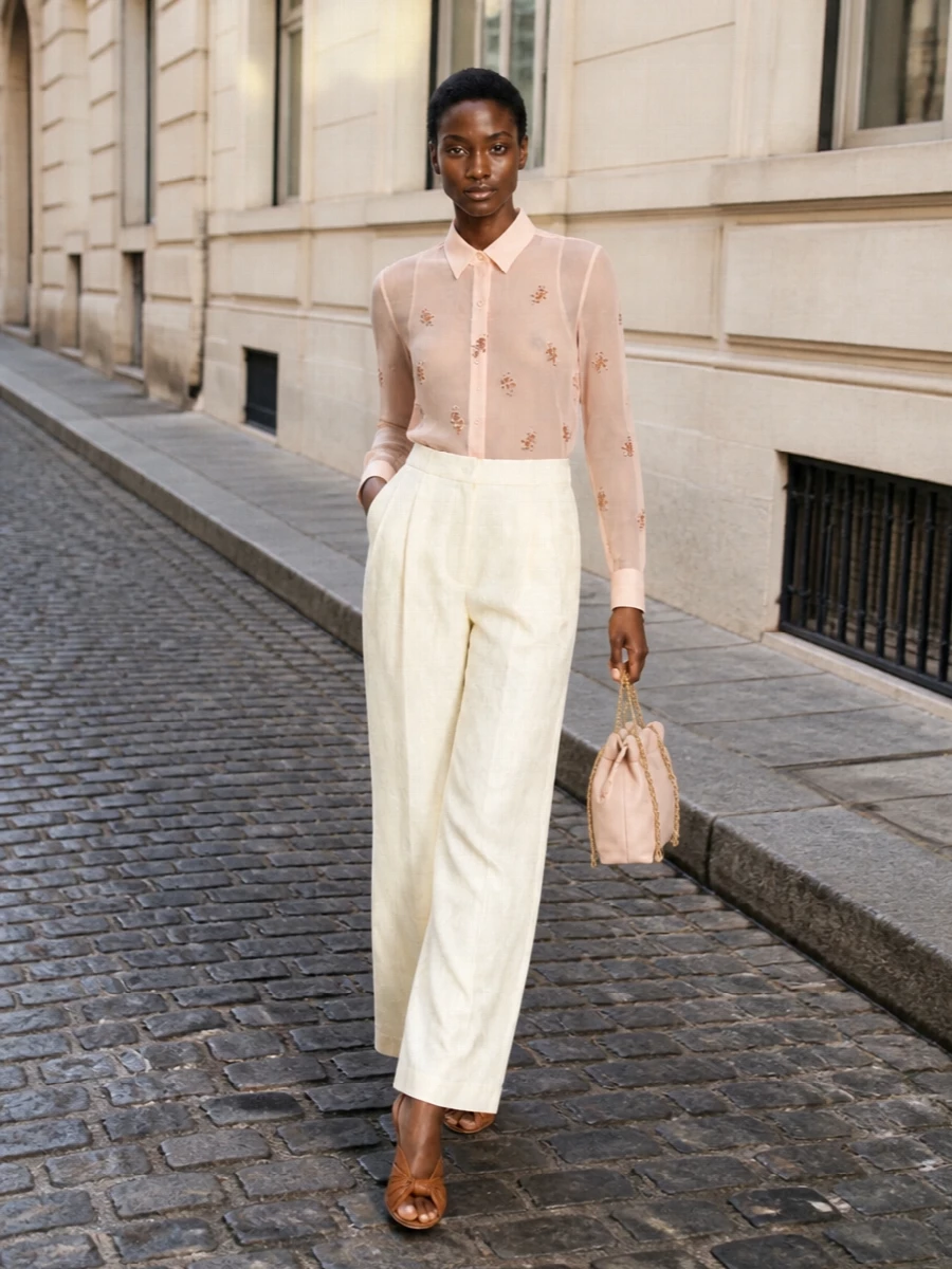 Fendi sheer blouse jacquard trousers outfit