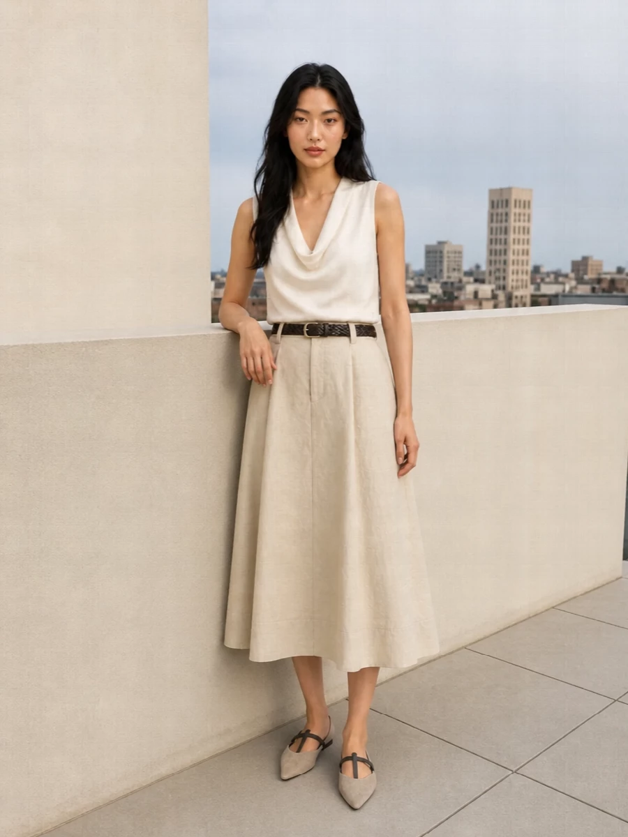 A light beige A-line midi anchors a column of soft neutrals, paired with a fluid ivory draped tank for ease that still reads considered. The pointed taupe mule and warm ivory tote keep the palette hushed and refined, while a dark braided belt crisps the waist and quietly grounds the silhouette. It is a polished, warm-weather outfit that moves easily from late morning meetings to understated dinners in the city.