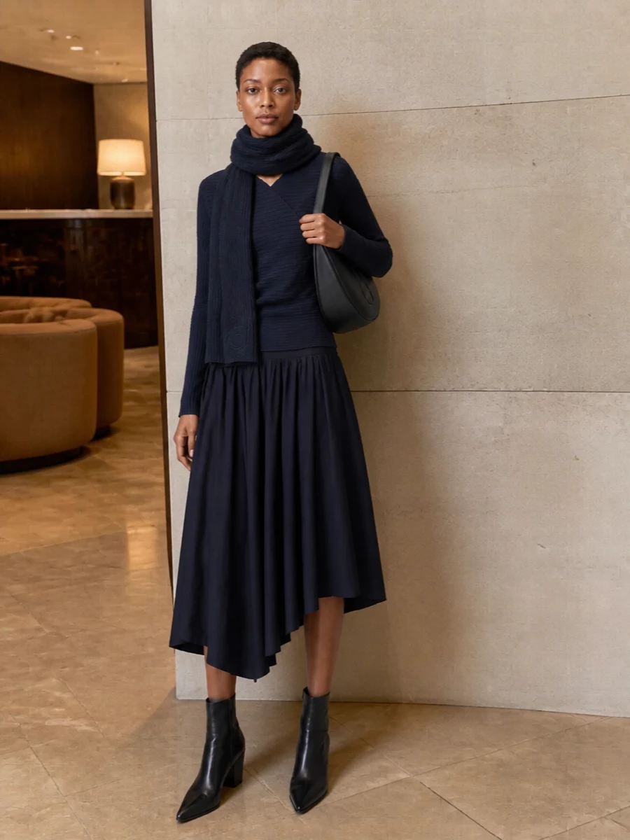 Paloma wool navy asymmetric knit midi skirt outfit