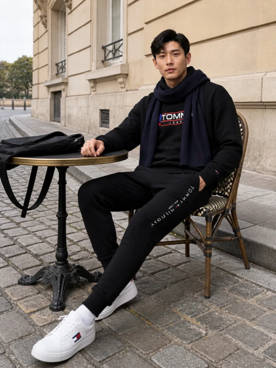 Tommy hilfiger hoodie joggers white sneakers outfit