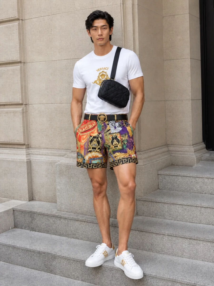 Versace print shorts white gold medusa tee outfit