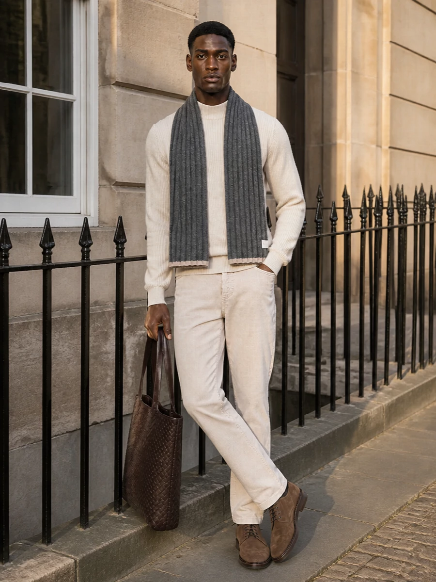Brunello cucinelli beige corduroy trousers outfit
