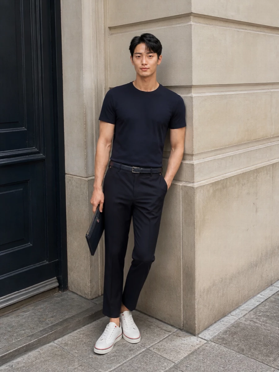 Thom browne navy tee cropped trousers outfit