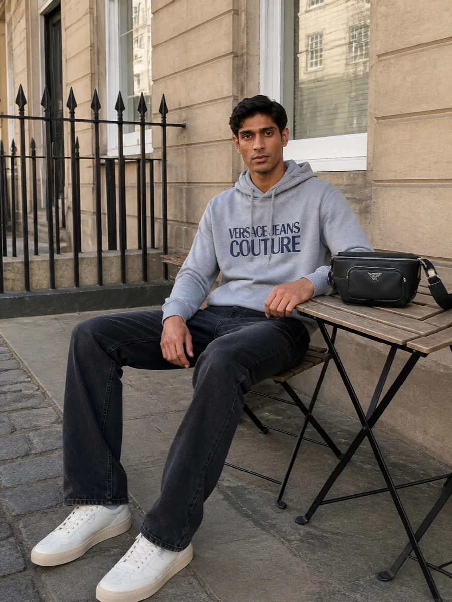 Faded black denim grounds the off‑white sneakers with a quiet, worn-in attitude that still feels deliberate. Up top, the grey logo hoodie keeps things graphic but restrained, sitting in the same soft-neutral palette. The belt bag adds a functional hit of city polish without breaking the minimalist street mood.
