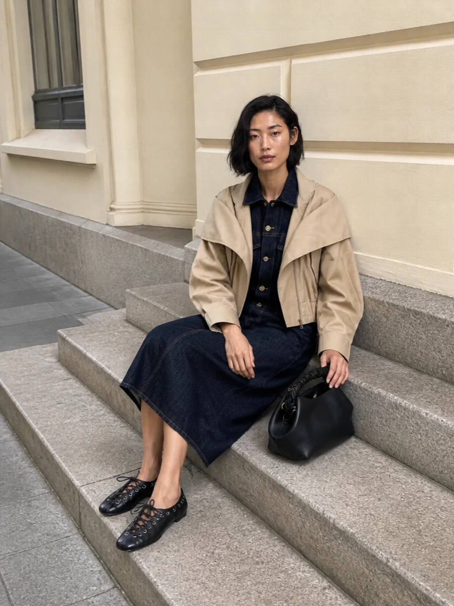 Ganni bomber denim shirt dress ballet flats