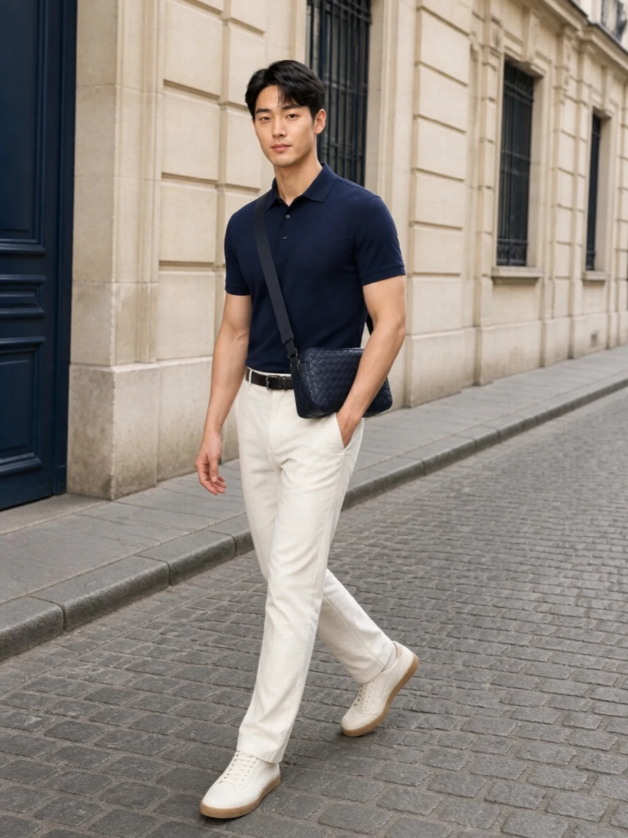 This look pairs the navy Zegna polo with ivory five-pocket trousers for a crisp, SS-ready take on quiet luxury that still feels tailored. Cream leather sneakers keep the line clean and relaxed, while the navy intrecciato crossbody and a slim black belt introduce subtle texture and structure without disturbing the minimalist palette. It’s an easy city-to-weekend uniform that reads polished yet gently understated.