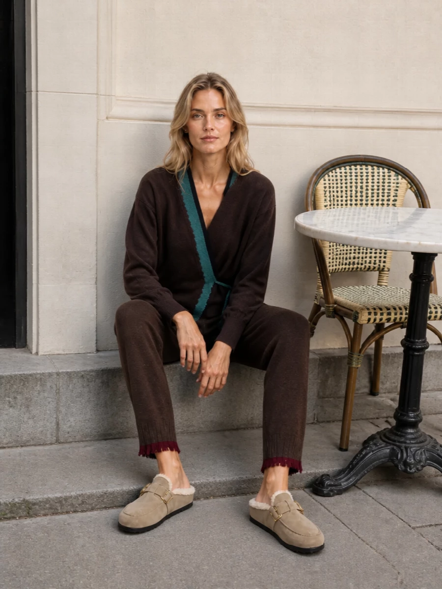 This outfit leans into the loafer’s cocooned ease with a chocolate wrap knit and matching artisanal joggers, so the proportions stay relaxed but intentional. The boho-tinged details and warm browns keep everything soft and tactile, while the rich textures ensure the set still feels boutique-level refined for coffee runs, flights or slow city days. I chose the top and bottom route rather than a dress so the silhouette could echo the shoe’s lounge-to-street versatility and keep the mood grounded and cosy rather than polished evening.