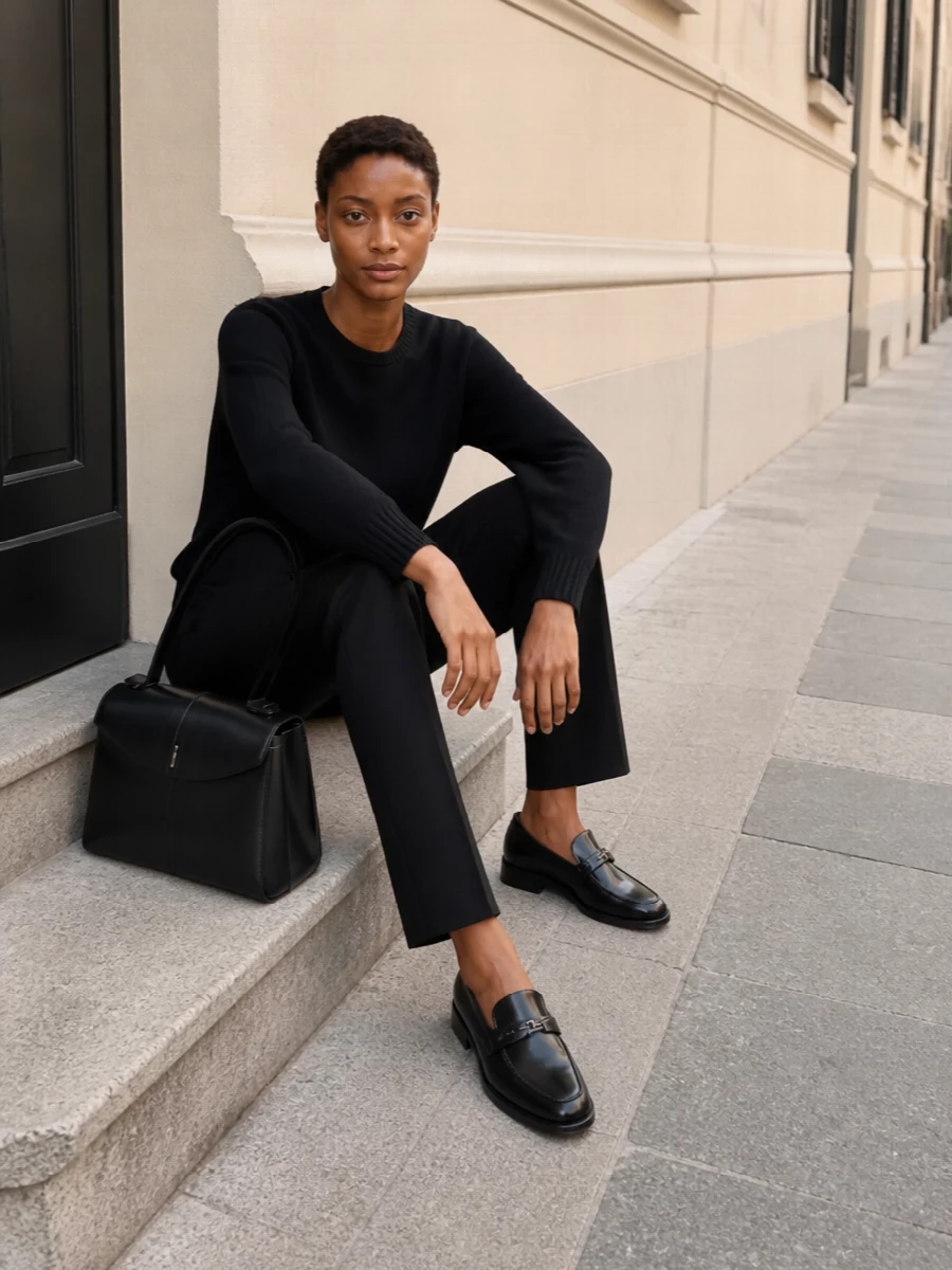 Jil sander black knit tailored trousers outfit