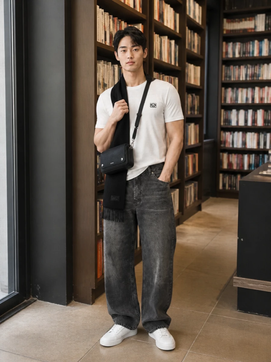 Soft white Loewe jersey meets washed charcoal denim for a calm, graphic take on streetwear that still feels grown-up. Wide legs and a sharp white sneaker keep the proportions clean and intentional, while the compact black crossbody and monochrome scarf bring just enough structure for city days and low-key nights.