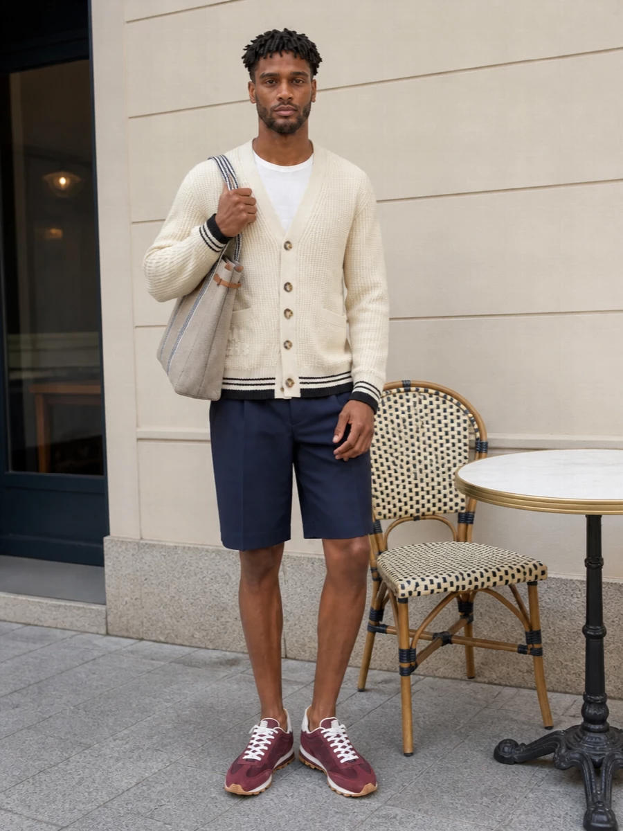 Ami paris cream cardigan navy shorts sneakers