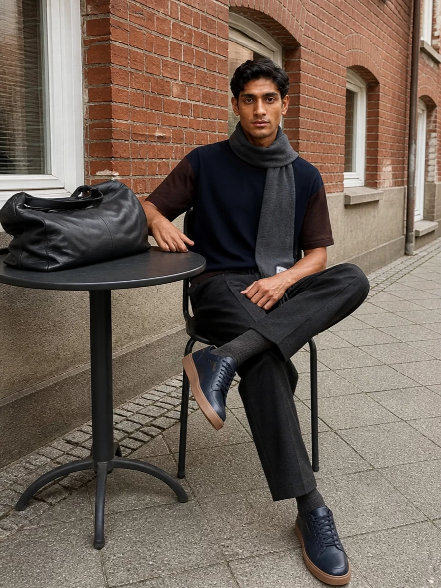 A deep navy and chocolate tee sits over charcoal drawstring trousers for a soft, straight-lined take on off-duty tailoring. Navy low-top sneakers and a slouched black shoulder bag keep everything relaxed but precise, with a charcoal scarf adding just enough winter structure. The result is quietly polished, perfect for city days that move from coffee to late dinner without a change.