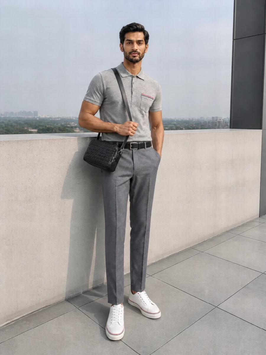 Thom browne grey polo tailored trousers outfit
