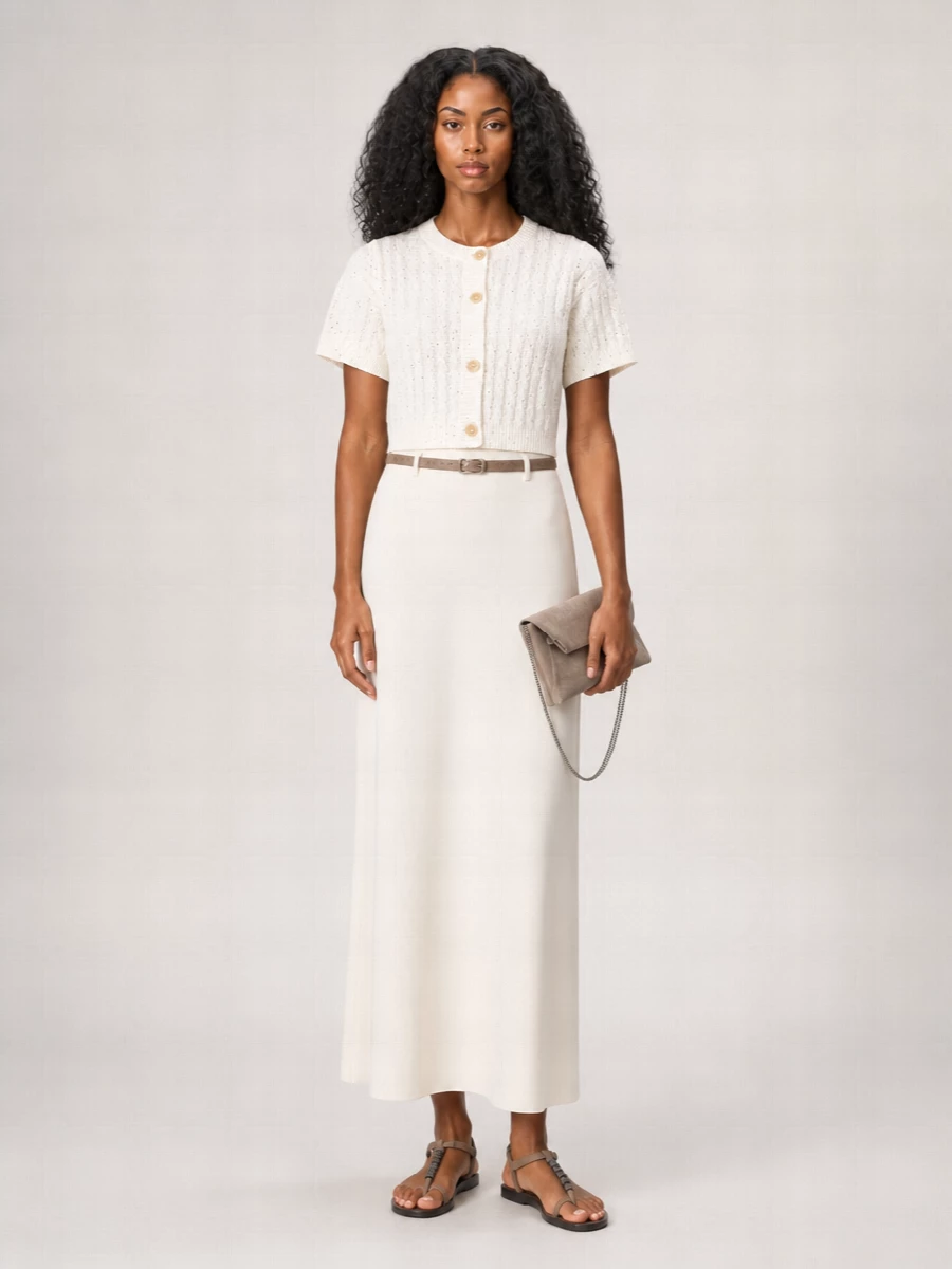 A soft ivory palette keeps this outfit serene, letting the sequin touches on the cardigan and accessories catch the light in a quietly romantic way. The cropped knit paired with the fluid column skirt creates a long, graceful line that still feels modern at the waist. Taupe suede and bronze accents ground the neutrals with warmth, perfect for summer dinners or terrace parties where you want polish without formality overload.