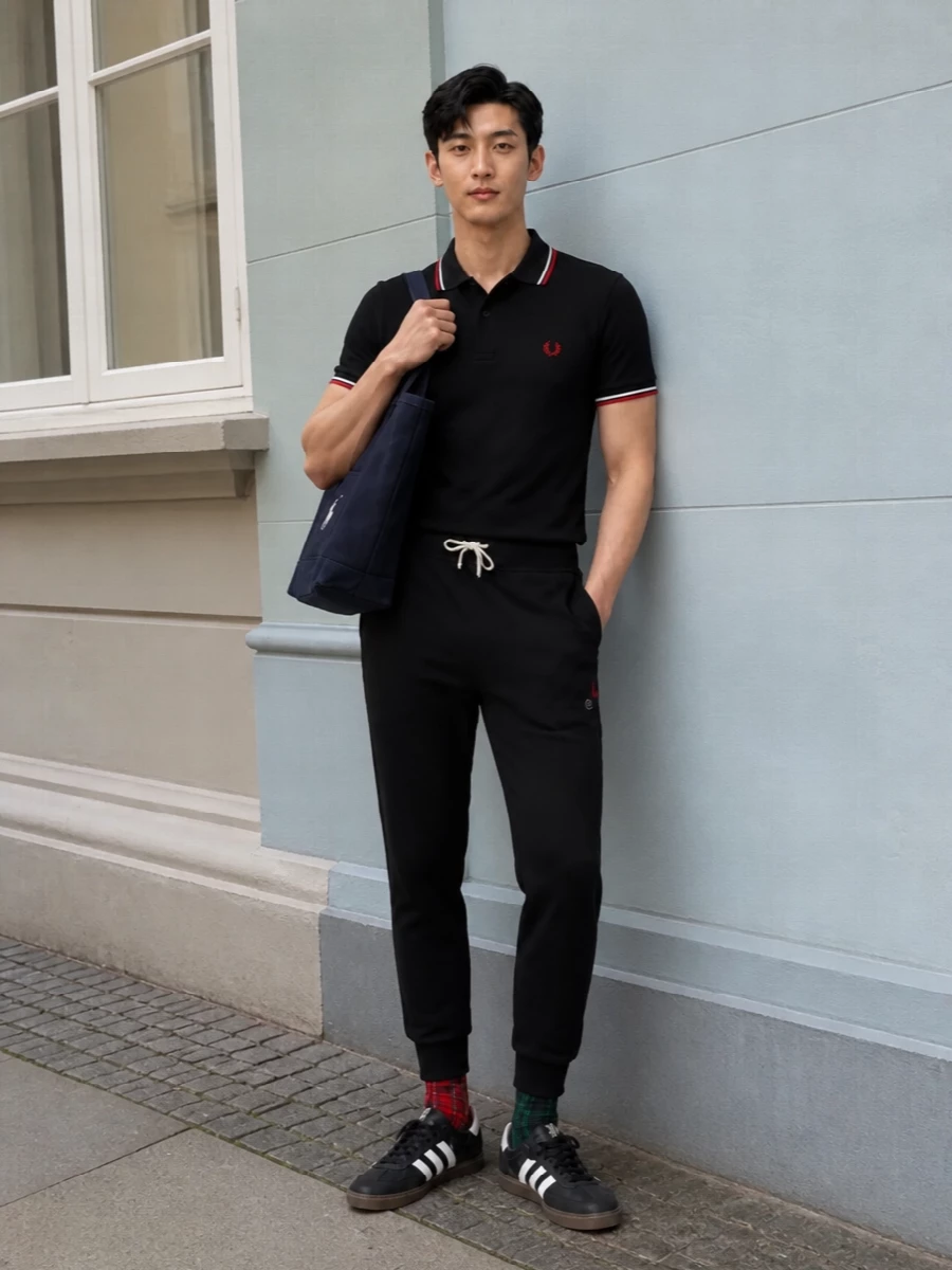 A black tipped polo sits over equally clean black joggers for a sharp, sport-prep base that still feels easy. Heritage-inspired Adidas sneakers keep the terrace reference clear, while the navy canvas tote and tartan socks add a low-key collegiate twist and just enough color to keep it from reading flatly monochrome. The result is relaxed weekend kit that looks considered from coffee runs to stadium seats.