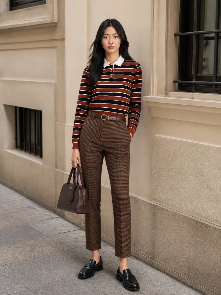 Prada striped polo houndstooth trousers outfit
