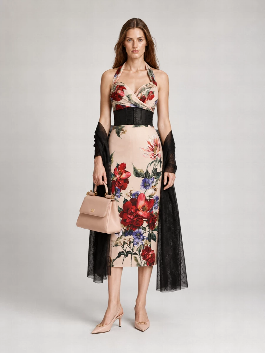 Dolce&Gabbana Floral-Print Satin High-Rise Midi Pencil Skirt