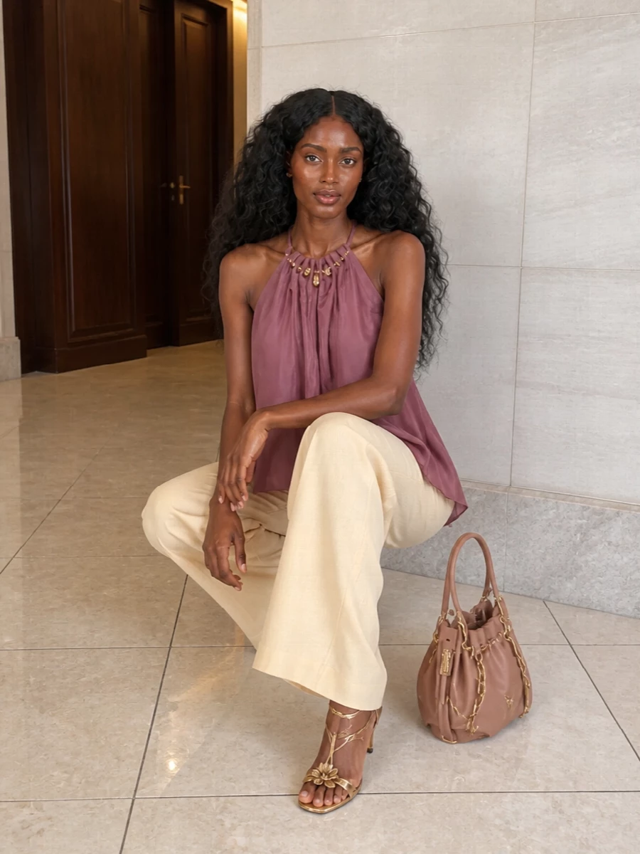 Zimmermann halterneck top buttercream wide leg trousers