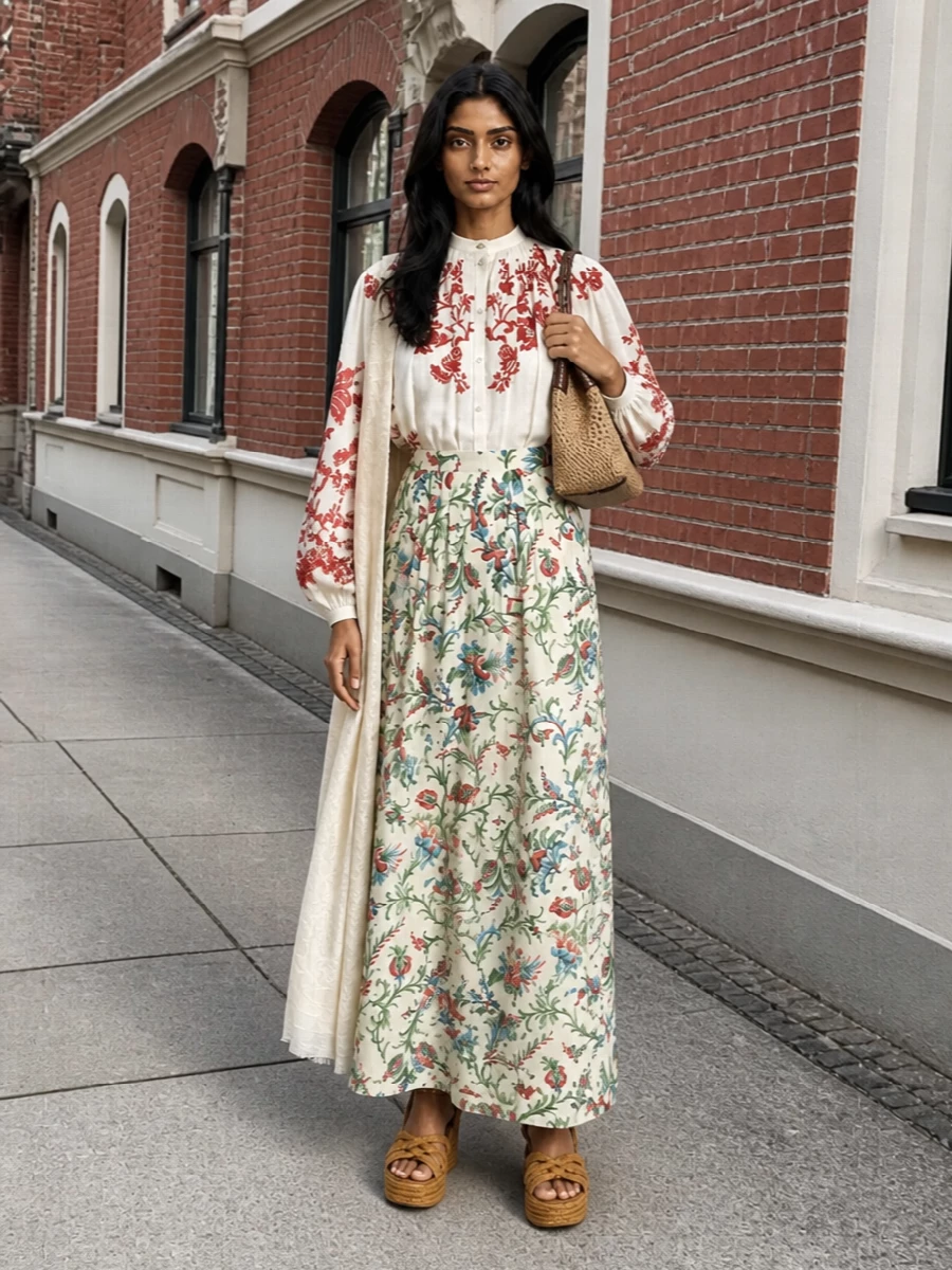 Etro floral maxi skirt outfit raffia wedges