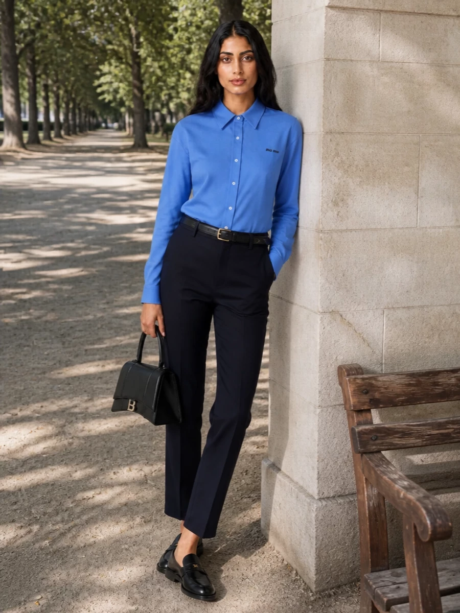 Miu miu shirt tailored trousers outfit